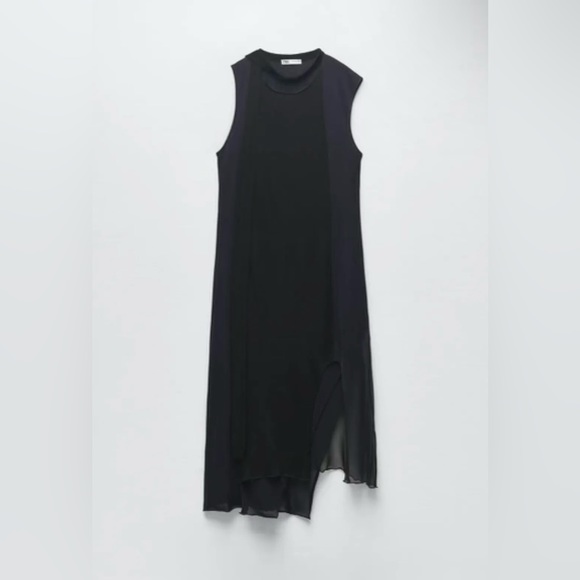 ZARA Navy Blue Knit Asymmetrical  Combination Color-block Midi Dress - Picture 5 of 7